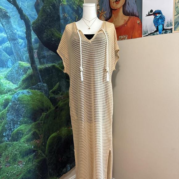 beige crochet beach cover up maxi dress resortwear boho - Picture 2 of 7